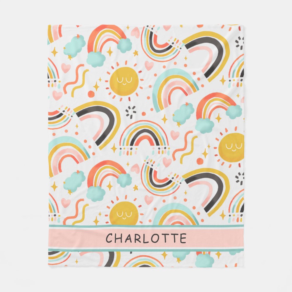 Rainbow Hearts Custom Name Fleece Blanket