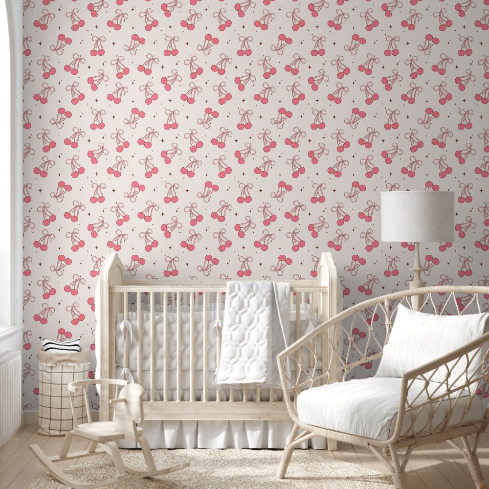 Pink Coquette Cherry Bow Pattern Wallpaper
