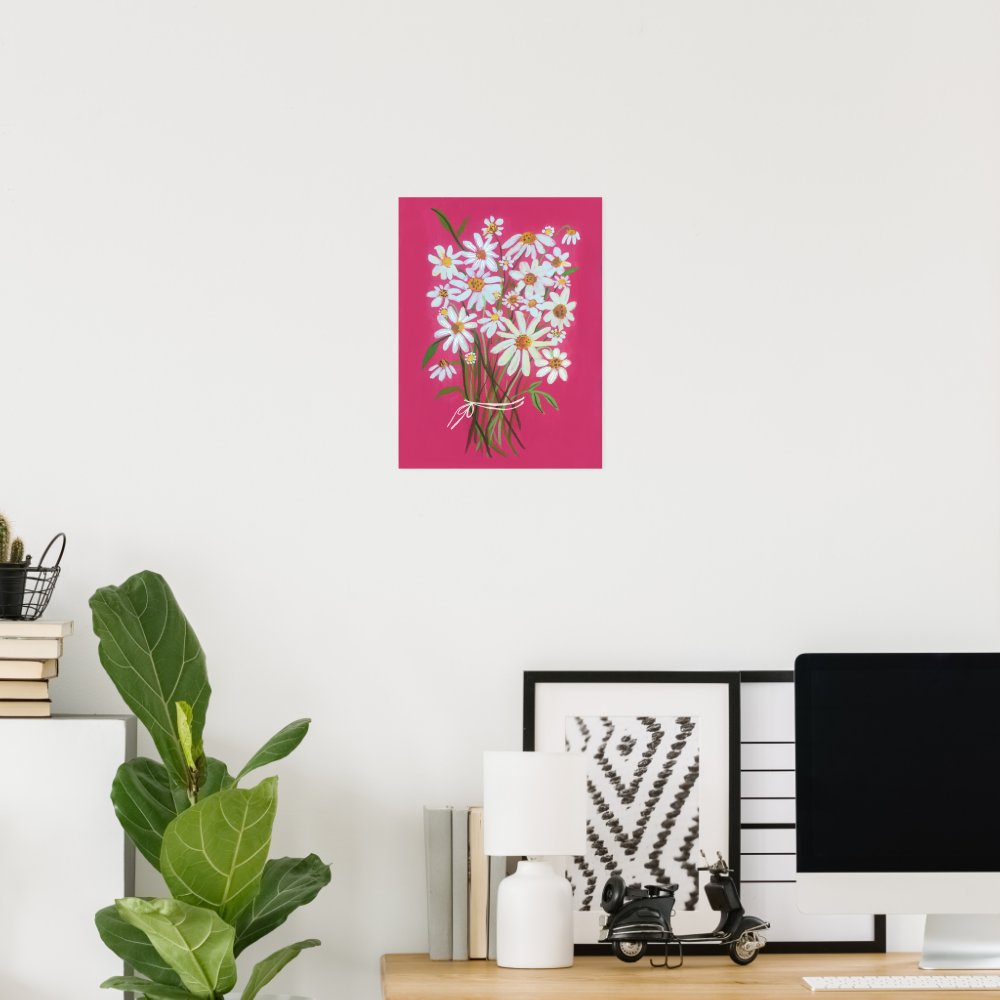 White Daisy Bouquet on Pink Gouache Painting Art Poster