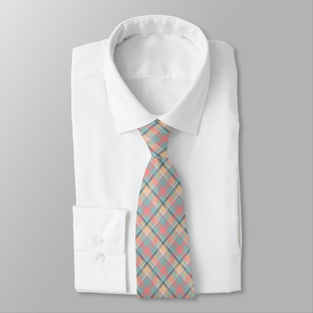 Pastel Peach Mint Tartan Wedding Pattern Neck Tie