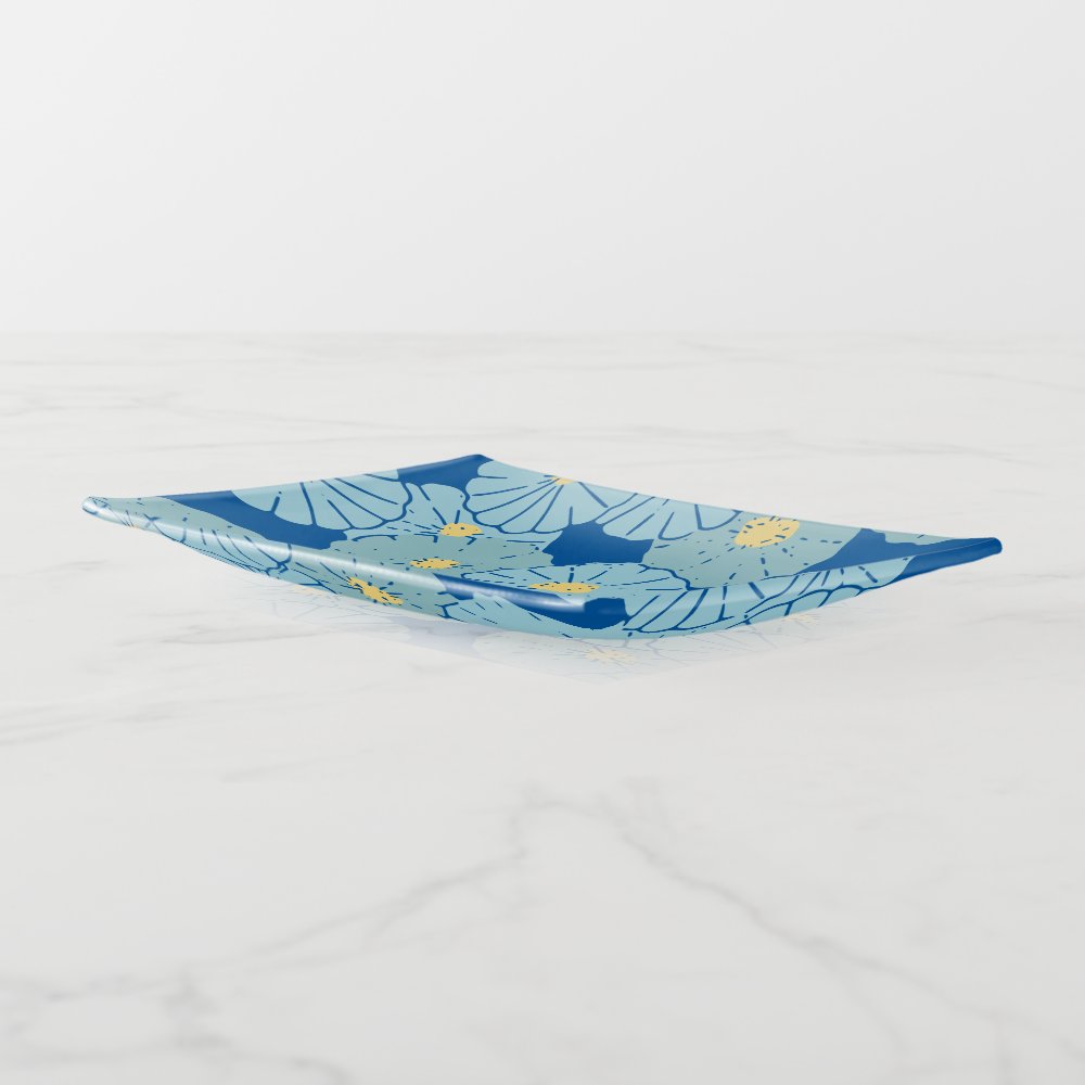 Blue Japanese Floral Pattern Illustration Trinket Tray