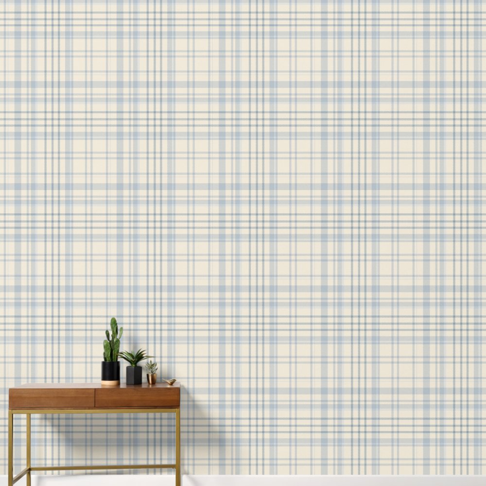 Classic Soft Blue & Beige Plaid Wallpaper