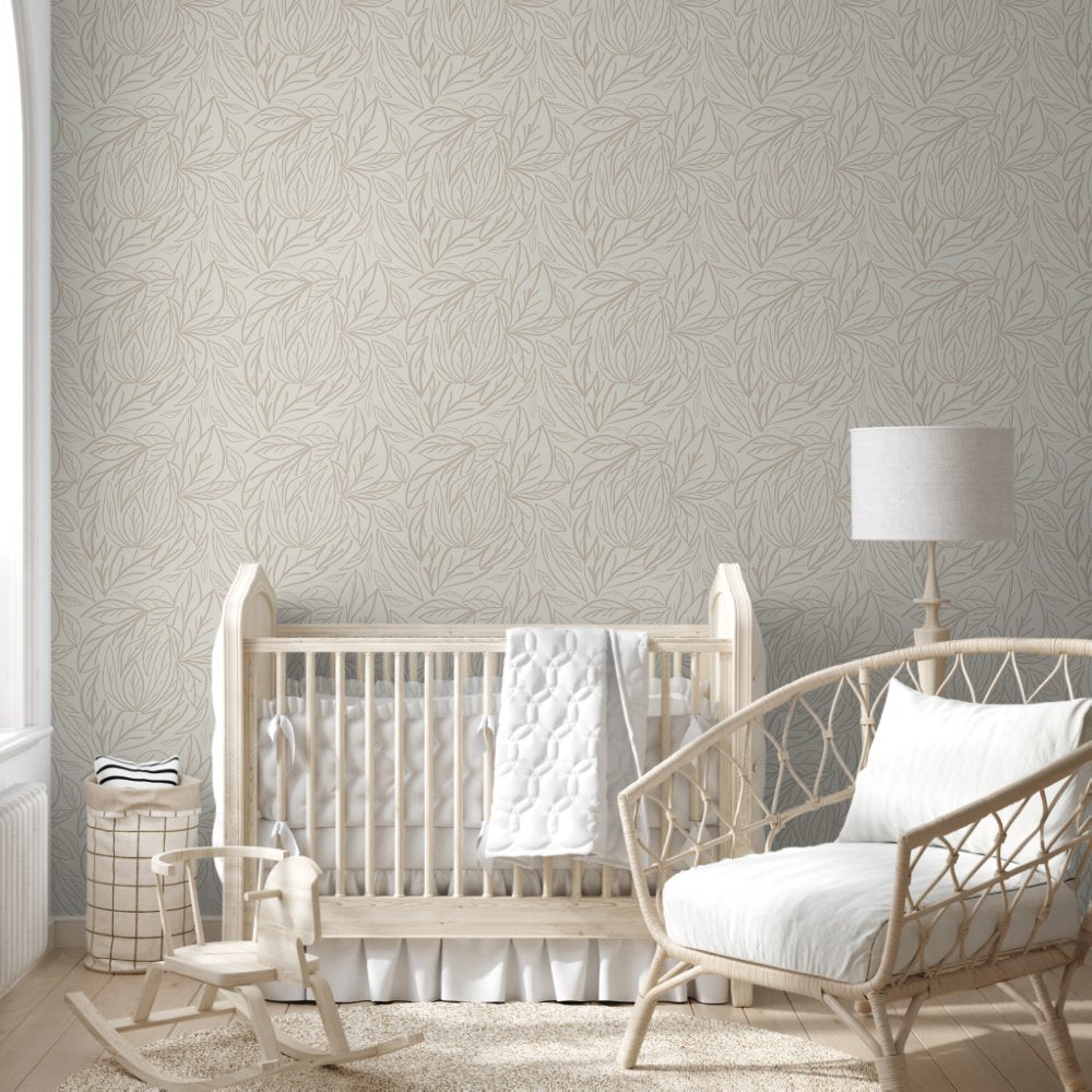 Japandi Line art leaves minimal neutral beige Wallpaper