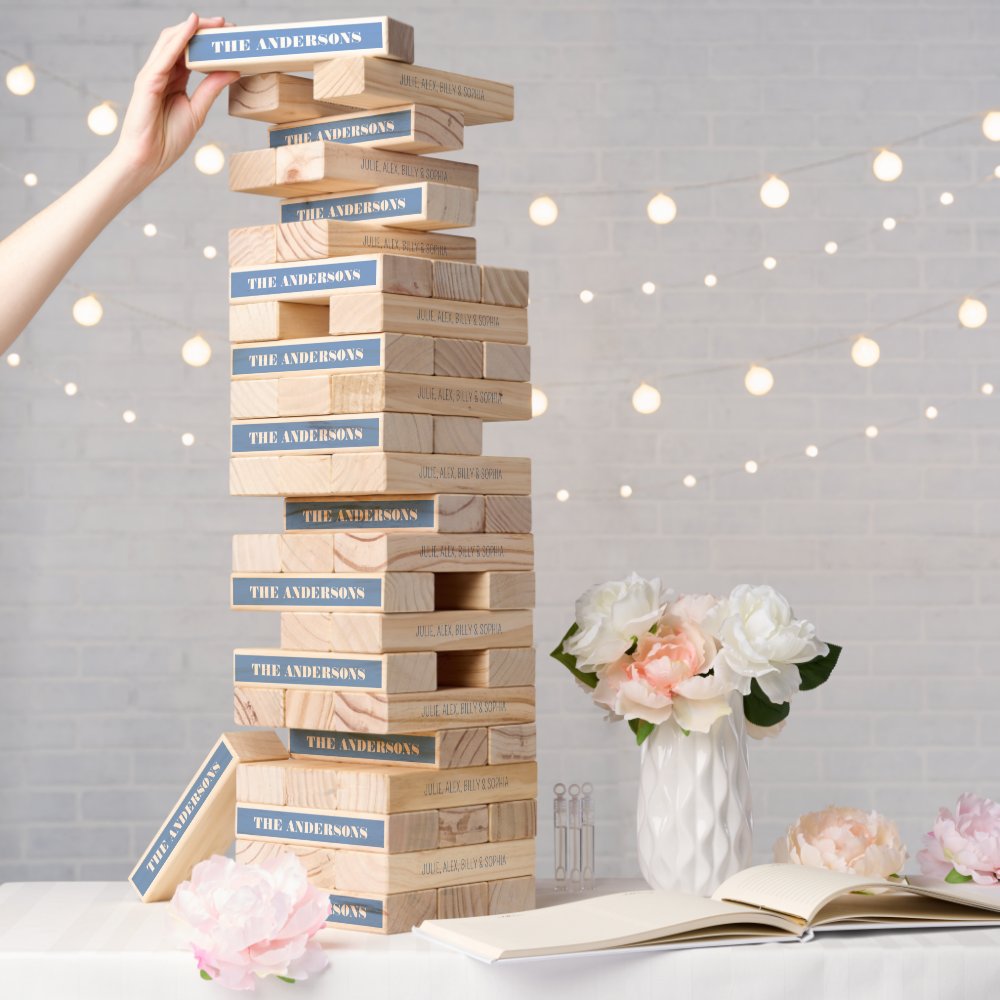 Modern Minimal Blue Custom Name Topple Tower
