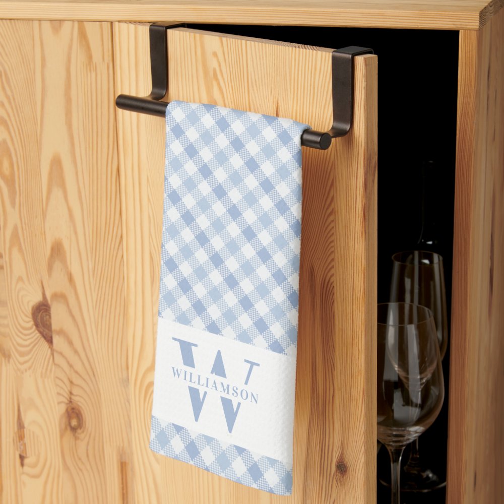 Modern Rustic Family Monogram Blue Gingham Plaid Kitchen Towel