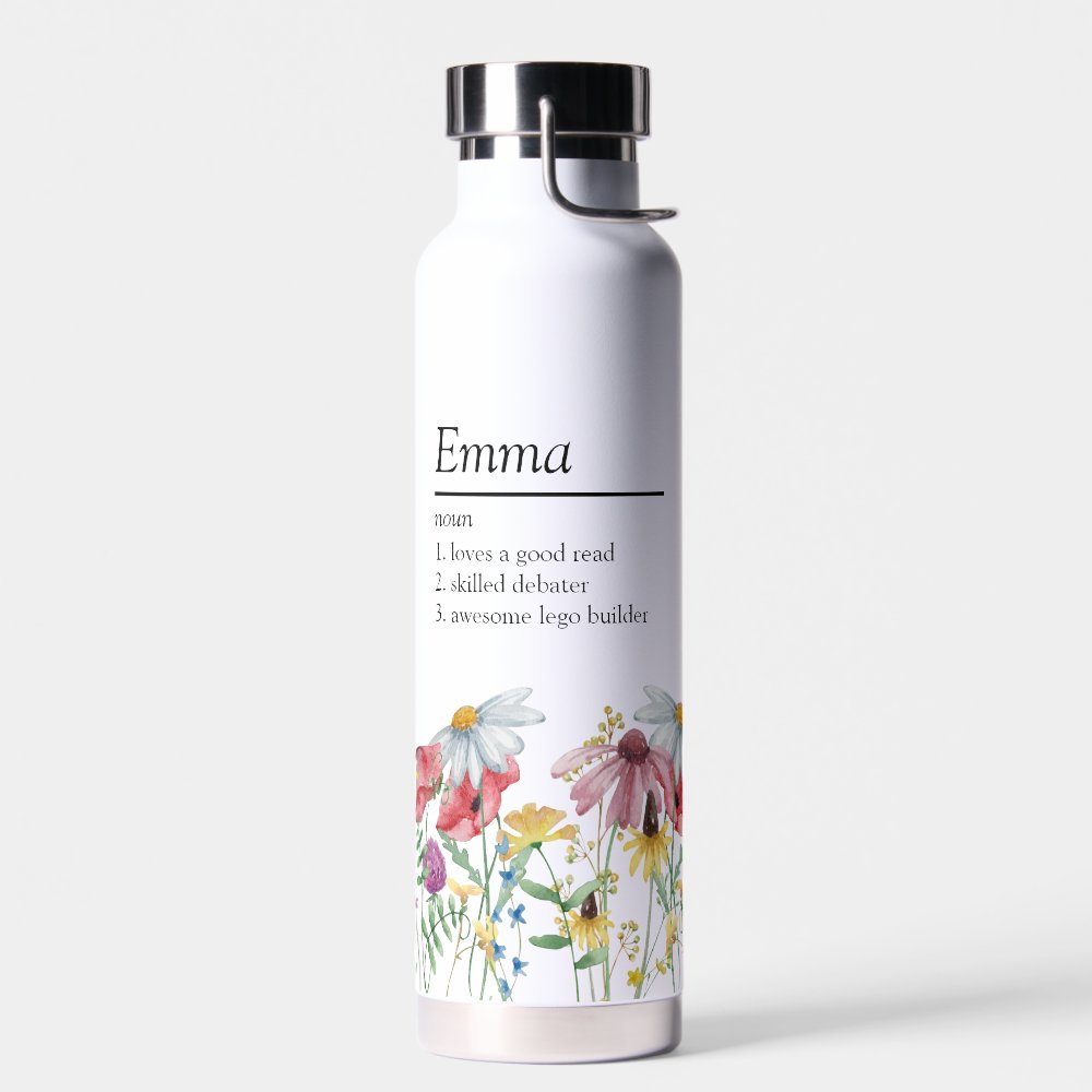 Name Definition with Modern Wildflower Border Water Bottle