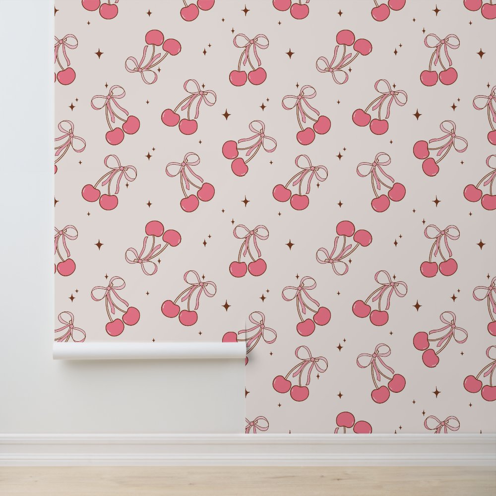 Pink Coquette Cherry Bow Pattern Wallpaper