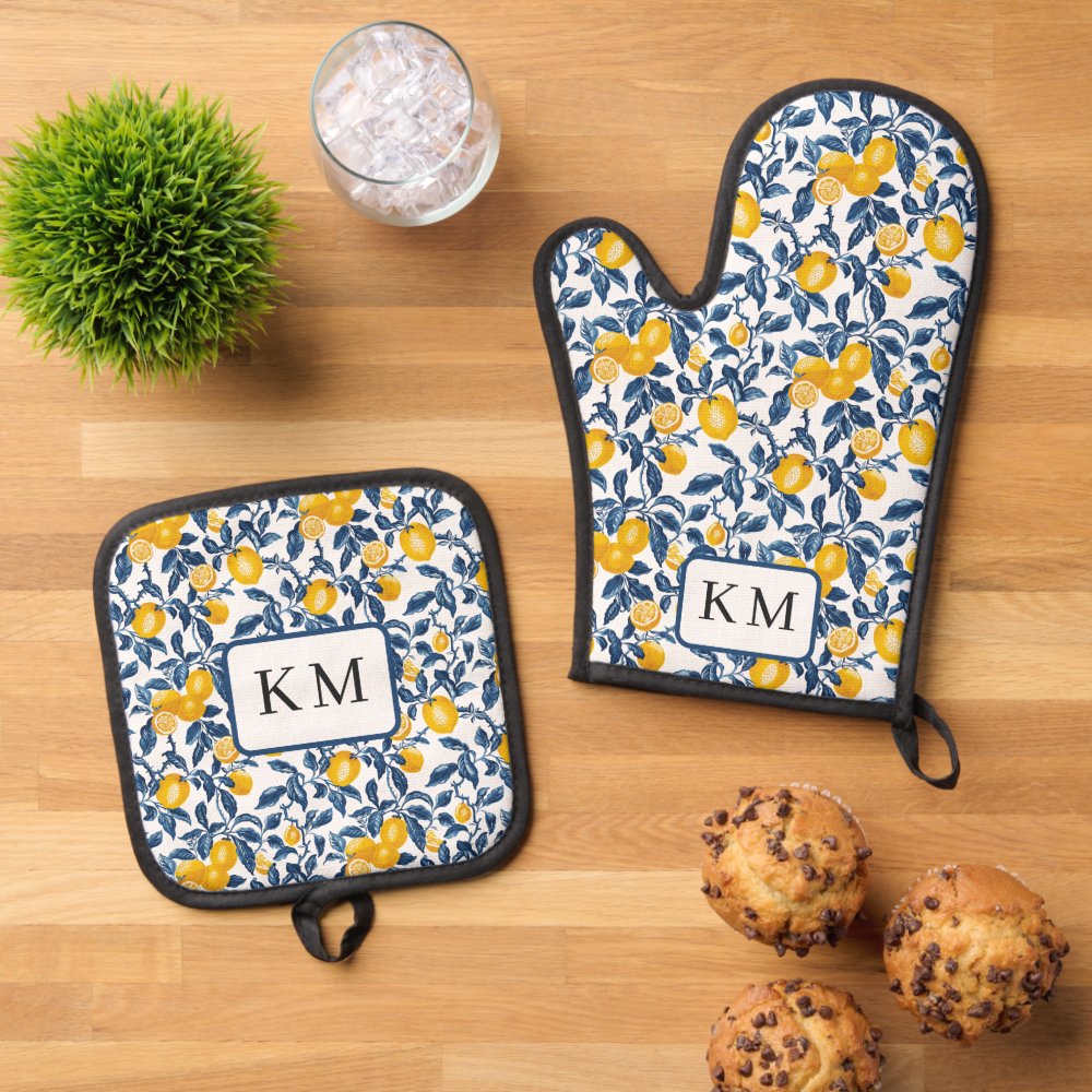 Personalized Mediterranean Lemon  Oven Mitt & Pot Holder Set
