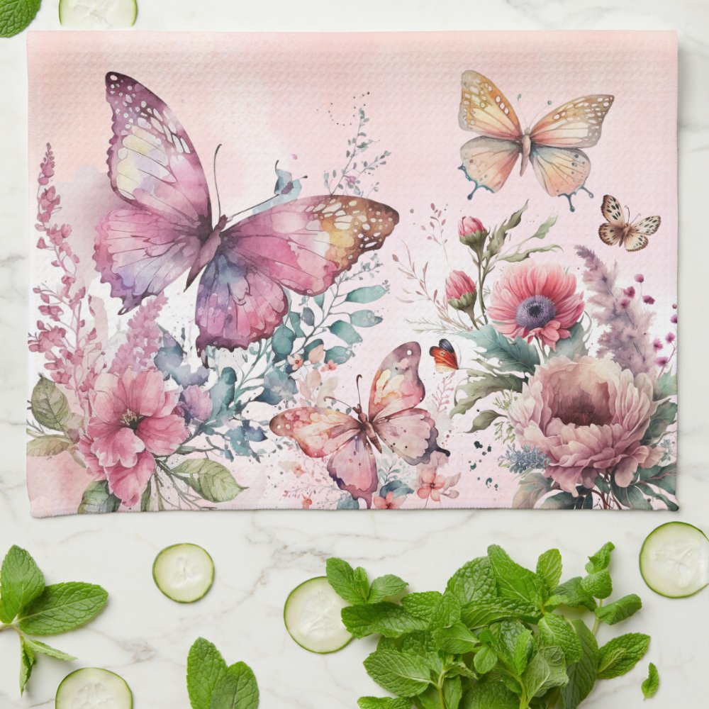 Modern Blush Pink Butterfly Wild Flower Family Kitchen Towel