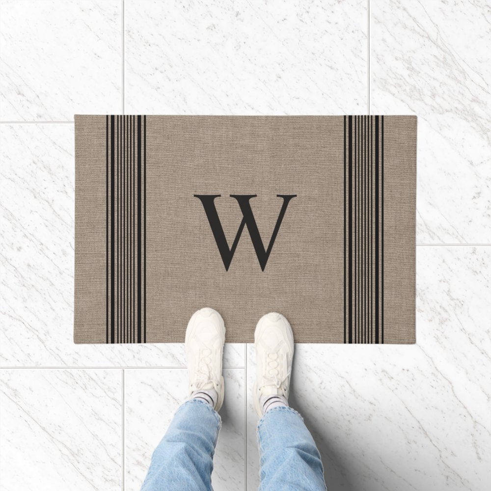 Rustic Burlap Farmhouse Ticking Stripe Monogram Doormat