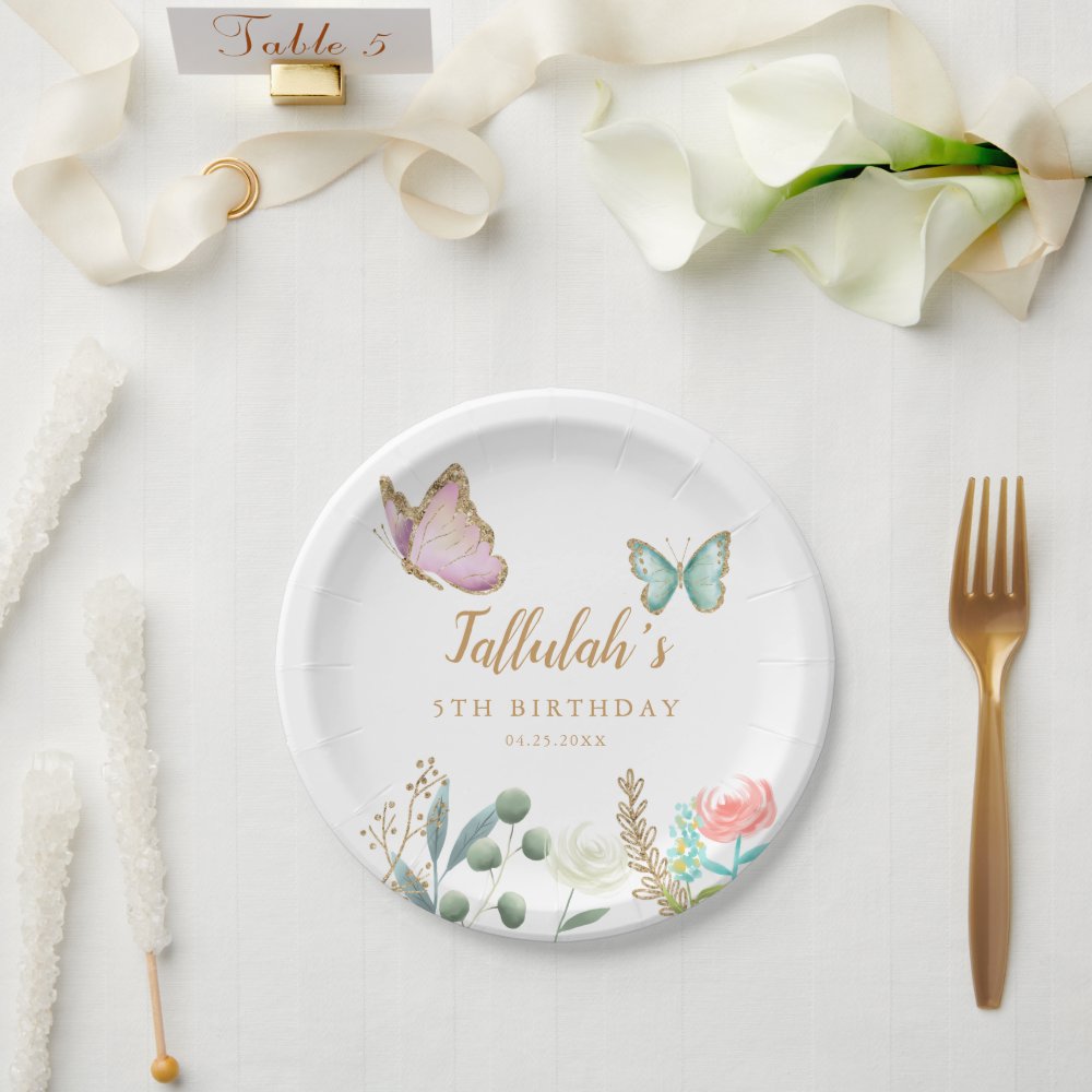 Whimsical Gold Butterfly Garden Birthday Party Paper Plates