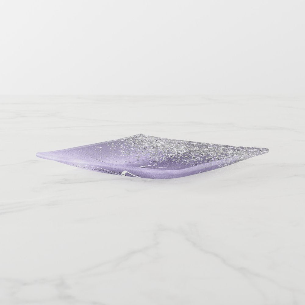 Purple Brushed Metal Silver Glitter Monogram Name Trinket Tray