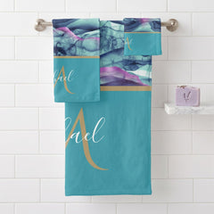 Turquoise Teal  Marble Agate & Monogram Bath Towel Set