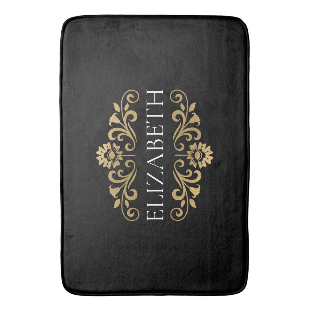 Elegant Monogram Black Gold Bath Mat