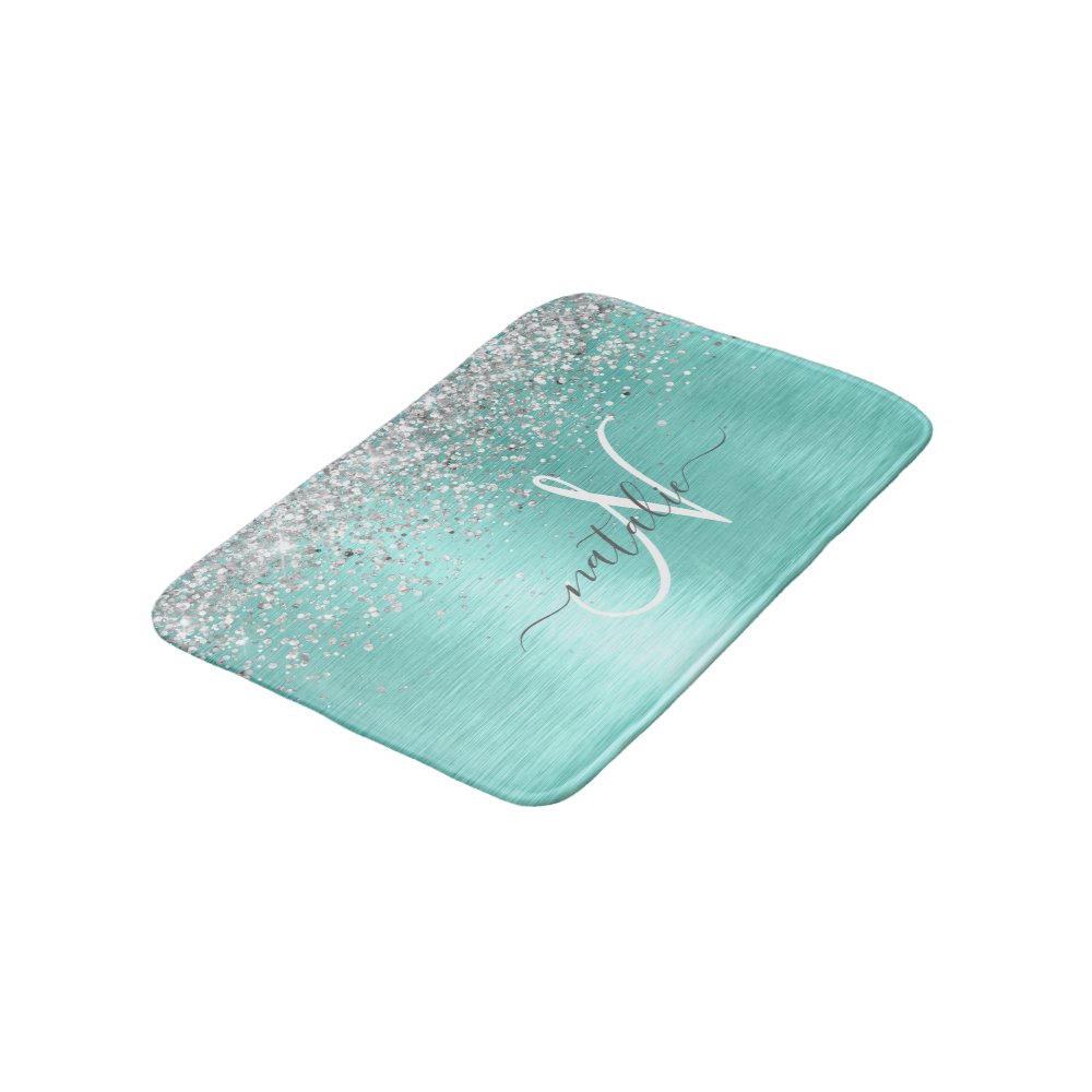 Teal Brushed Metal Silver Glitter Monogram Name Bath Mat