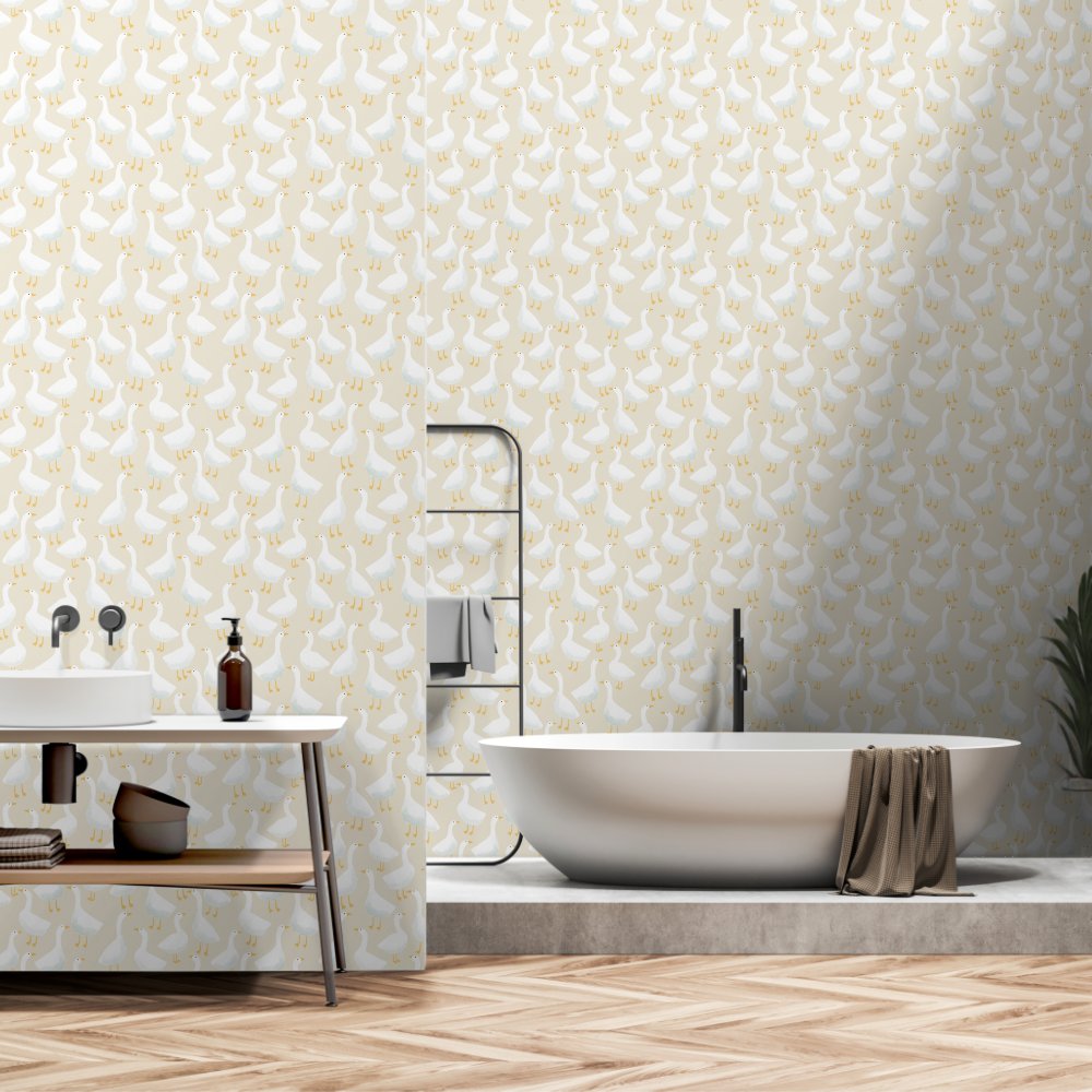 Whimsical Goose Pattern Soft Neutral Style Wallpaper