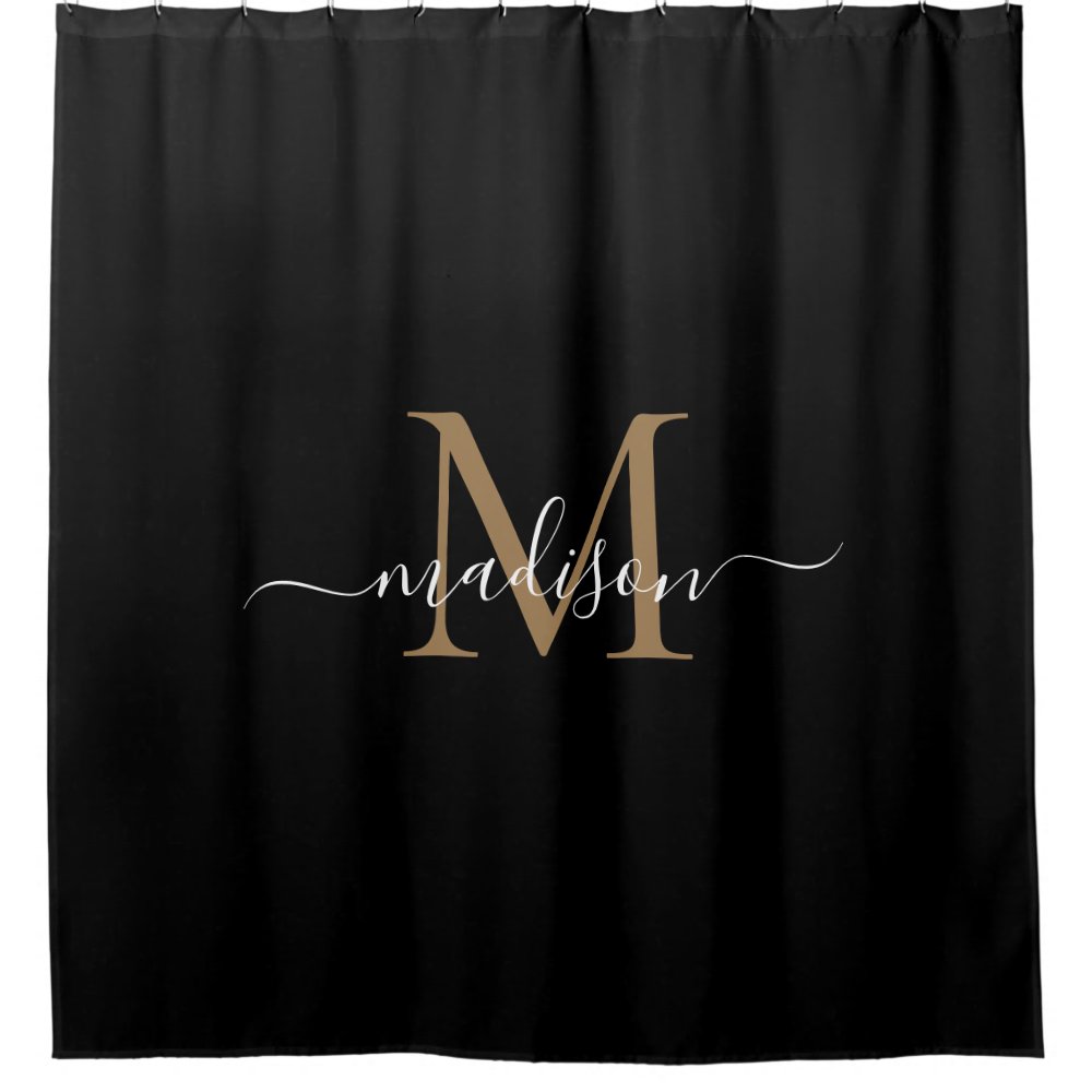 Elegant Black Gold Monogram Feminine Script Name Shower Curtain