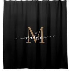 Elegant Black Gold Monogram Feminine Script Name Shower Curtain