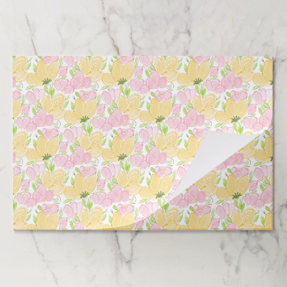 Yellow Pink Floral Paper Placemats, Garden Flowers Pad