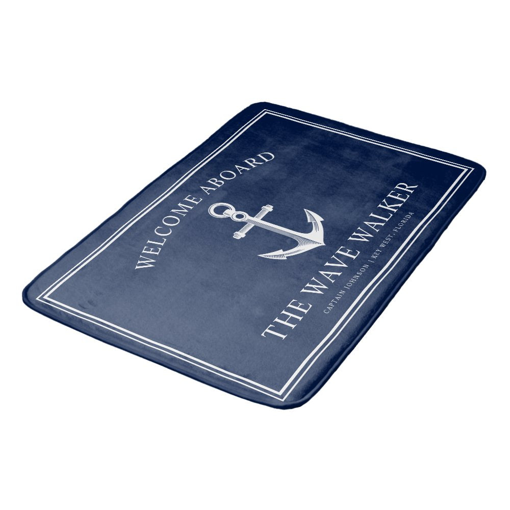 Nautical Boat Welcome | Navy and White Bath Mat