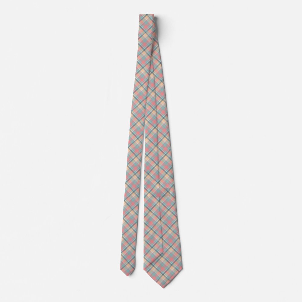 Pastel Peach Mint Tartan Wedding Pattern Neck Tie