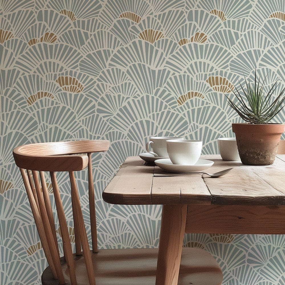 Soft Blue and Gold Fan Shell Art Deco Wallpaper