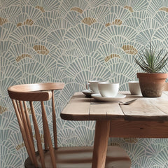 Soft Blue and Gold Fan Shell Art Deco Wallpaper