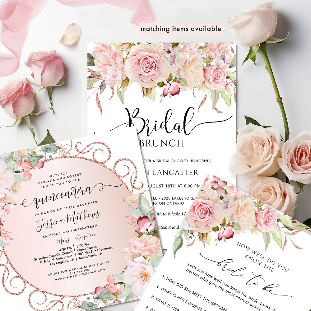 Pink, Rose Gold Floral Bridal Shower Recipe Card