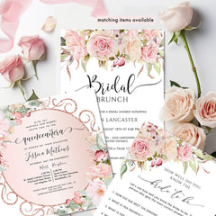 Pink, Rose Gold Floral Bridal Shower Recipe Card