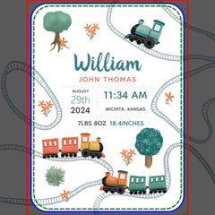 Boys Cute Train Travel Keepsake Birth Stats Baby Blanket