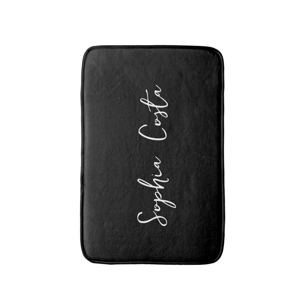 Trendy Script Modern Custom Signature Name Black Bath Mat