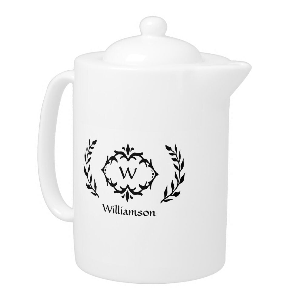 Elegant Monogram Name Modern Wreath Black & White Teapot