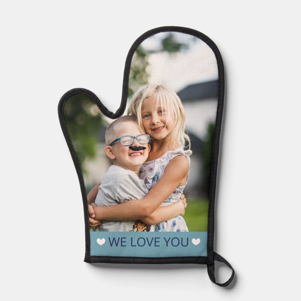 Blue & White We Love You Photo Oven Mitt