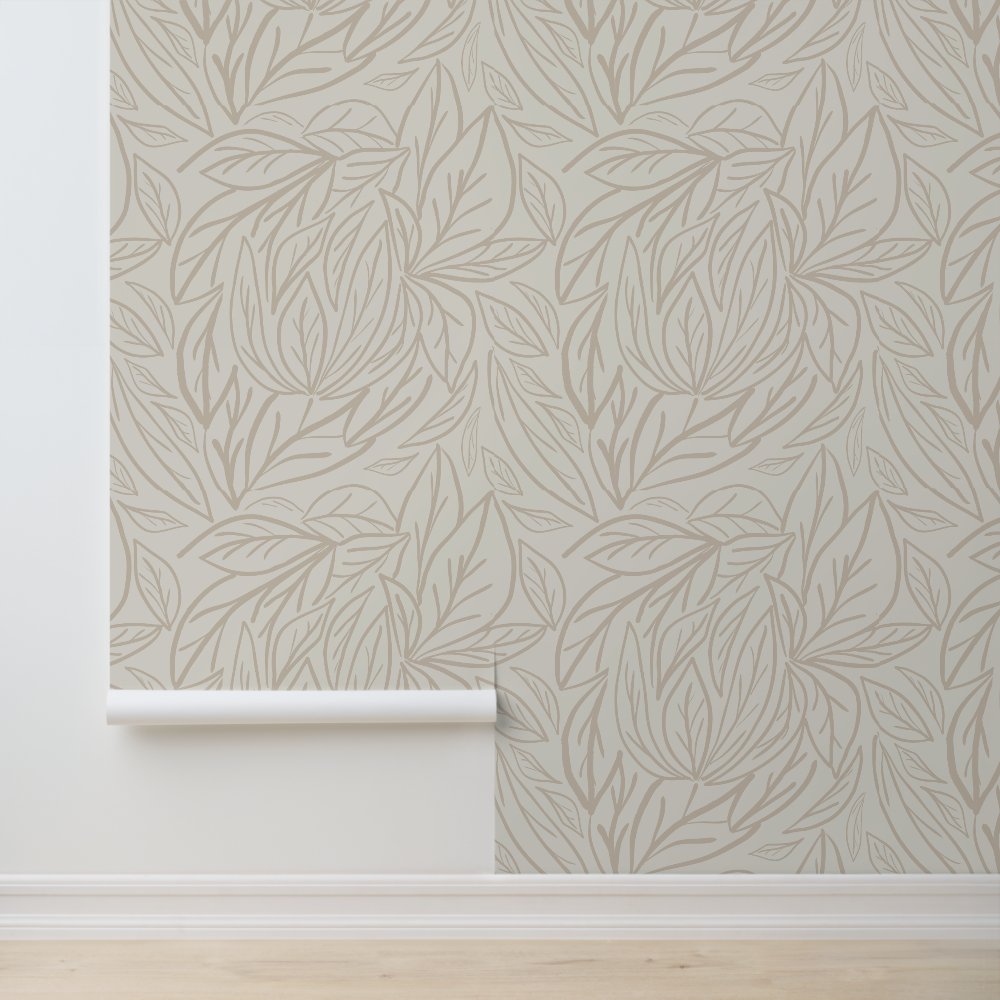 Japandi Line art leaves minimal neutral beige Wallpaper