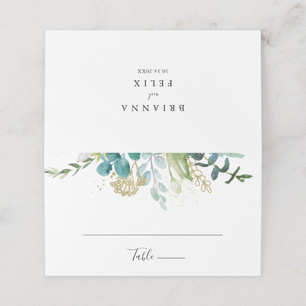 Gold Floral Tropical Greenery Wedding Place Card