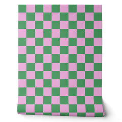 Preppy Retro Pink and Green Geometric Checkerboard Wallpaper