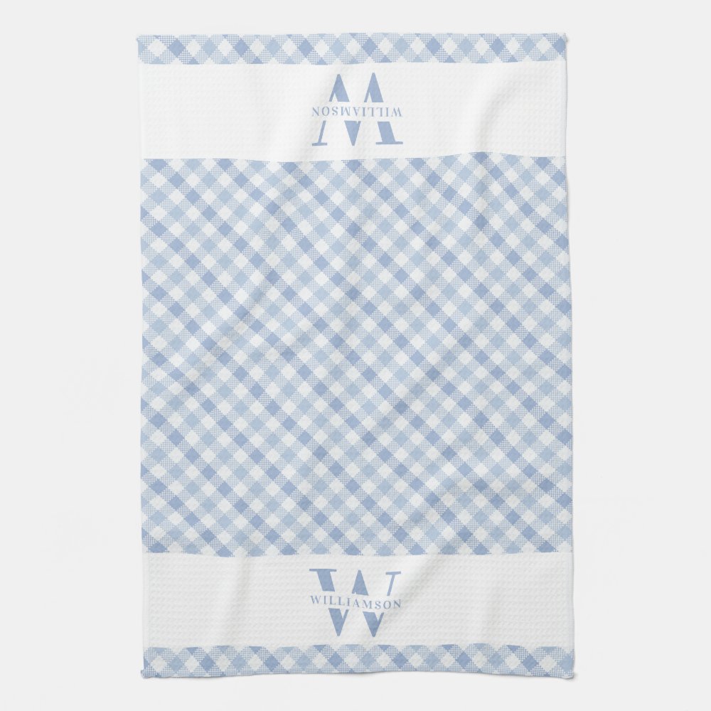 Modern Rustic Family Monogram Blue Gingham Plaid Kitchen Towel