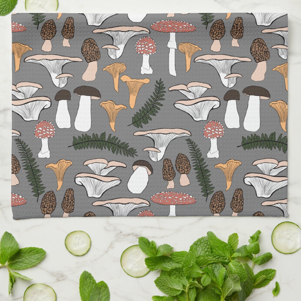 Fun Fungi Mushroom Fern Pattern Kitchen Towel