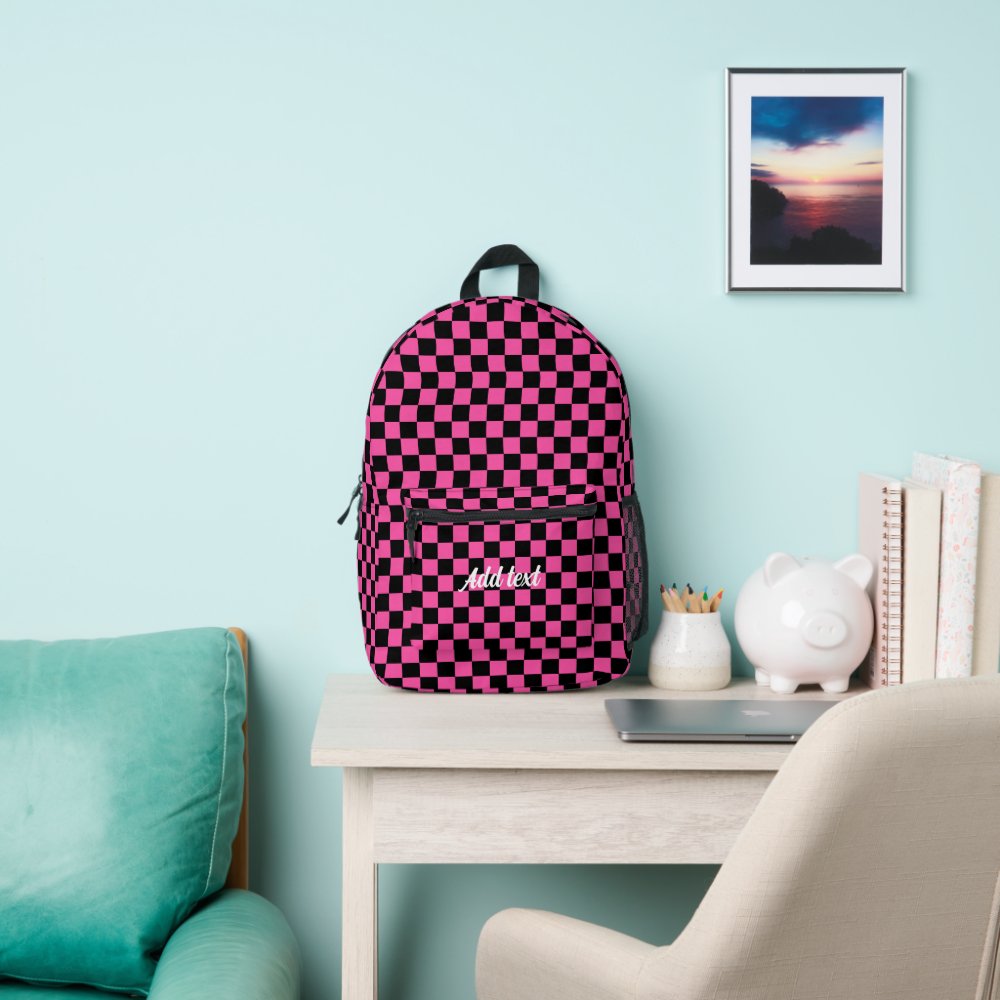Personalized Modern Pink Black Checkered   Printed Backpack