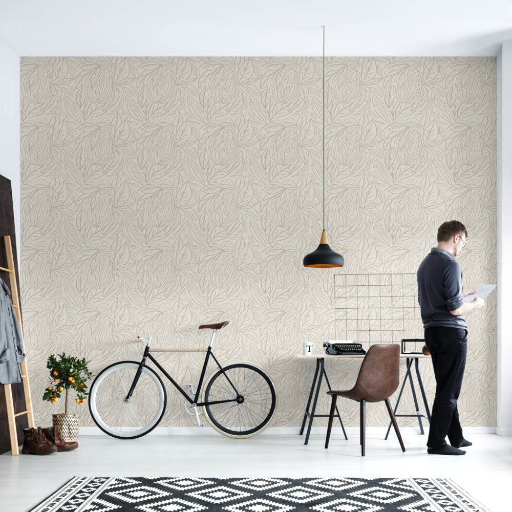 Japandi Line art leaves minimal neutral beige Wallpaper