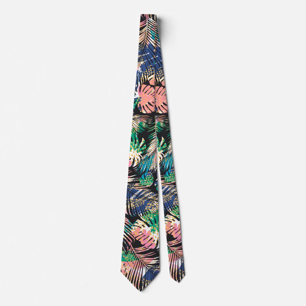 Black Pink Green White Tropical Plants Neck Tie