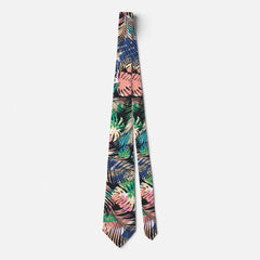Black Pink Green White Tropical Plants Neck Tie