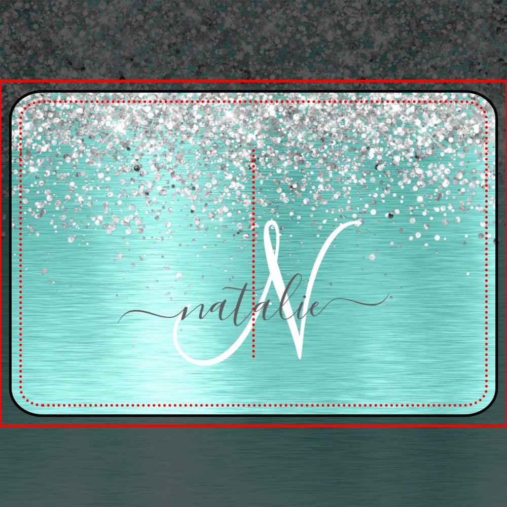 Teal Brushed Metal Silver Glitter Monogram Name Bath Mat
