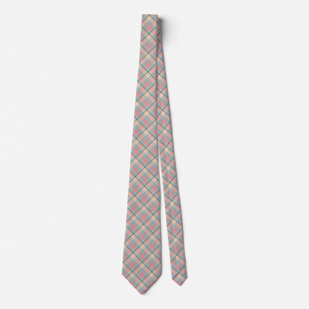Pastel Peach Mint Tartan Wedding Pattern Neck Tie