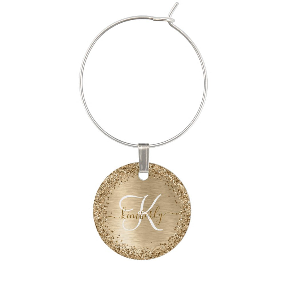 Faux Gold Brushed Metal Glitter Print Monogram Wine Charm