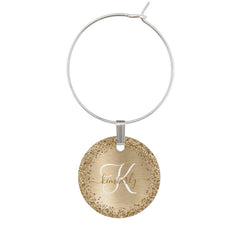 Faux Gold Brushed Metal Glitter Print Monogram Wine Charm