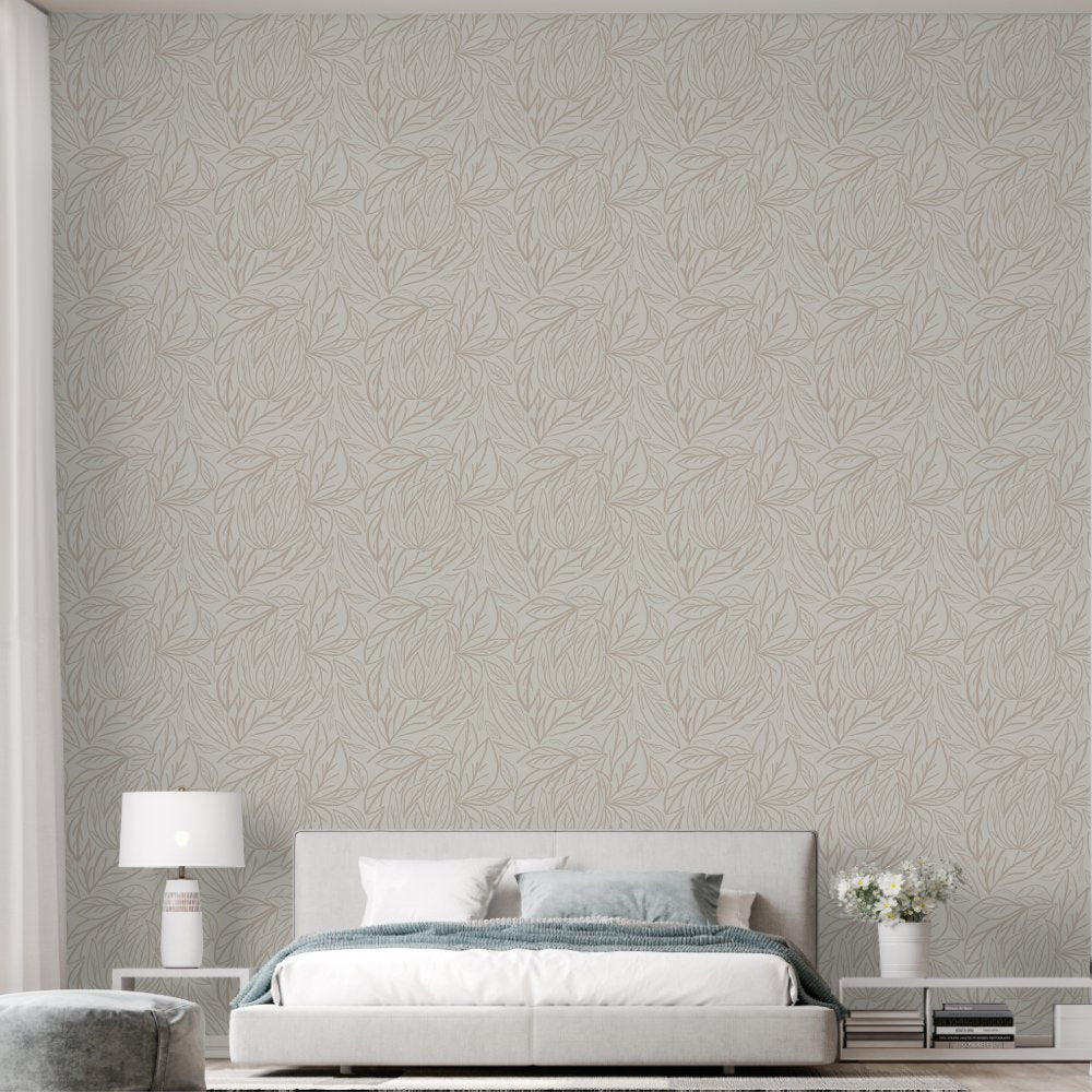 Japandi Line art leaves minimal neutral beige Wallpaper