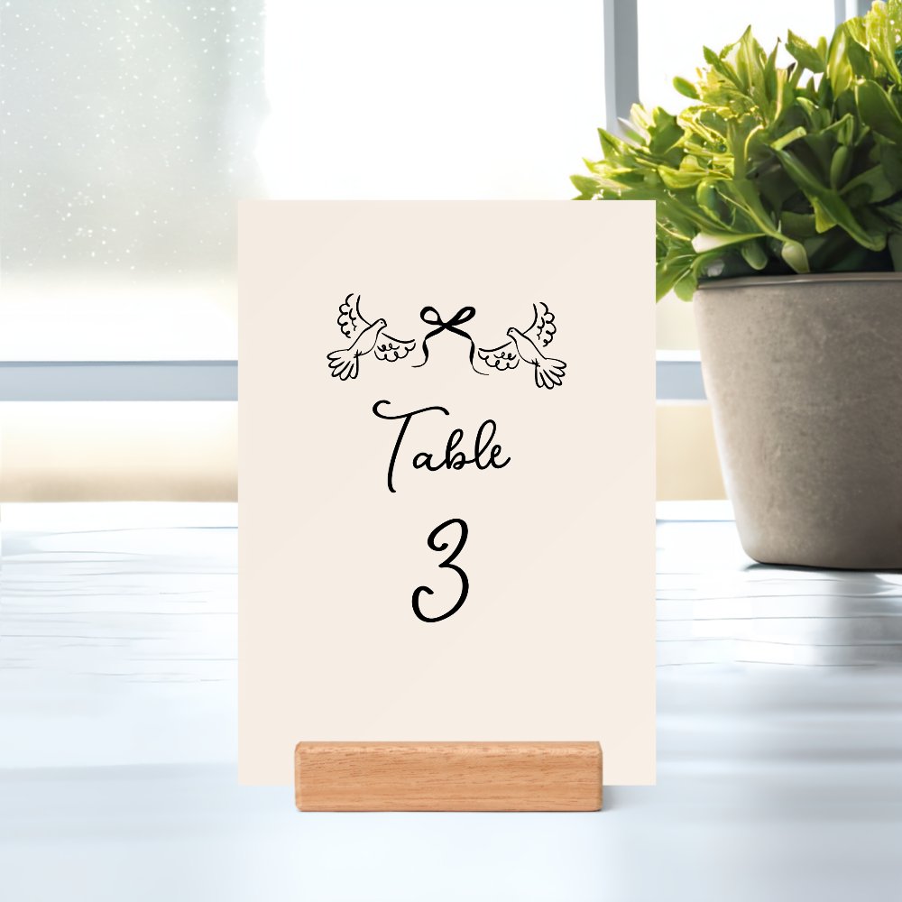 Minimal Hand-Drawn Doves Wedding Table Number Card Holder