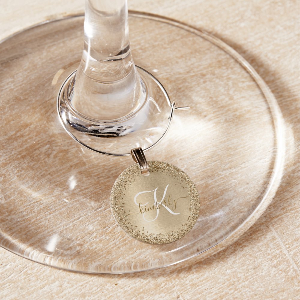 Faux Gold Brushed Metal Glitter Print Monogram Wine Charm