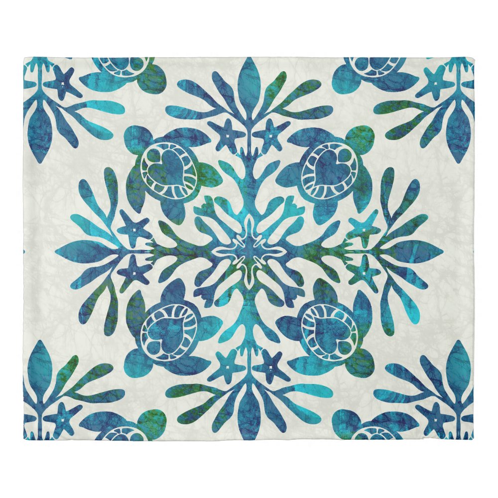 Teal Batik Hawaiian Quilt Honu Sea Turtle Duvet Cover